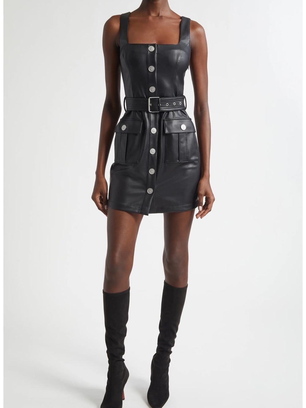 Midy Faux Leather Button Sleeveless Dress